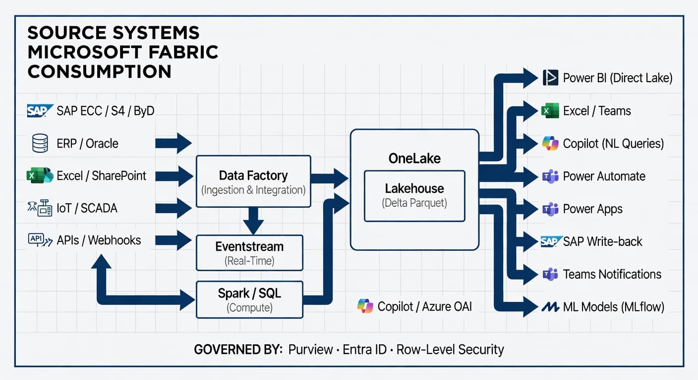 Microsoft Fabric end-to-end architecture: source systems (SAP, ERP, IoT, Excel) → Data Factory / Eventstream / Spark → OneLake Lakehouse → Power BI, Copilot, Power Automate, ML Models