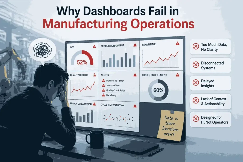 manufacturing dashboard showing OEE, production metrics, and machine performance