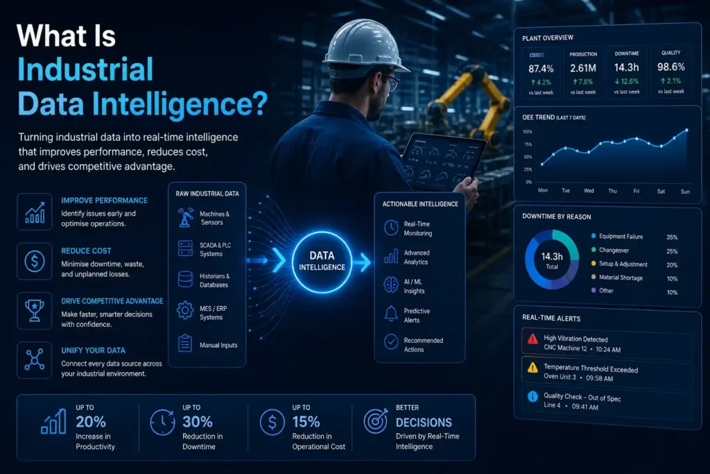 Industrial data intelligence platform showing real-time manufacturing analytics and AI insights